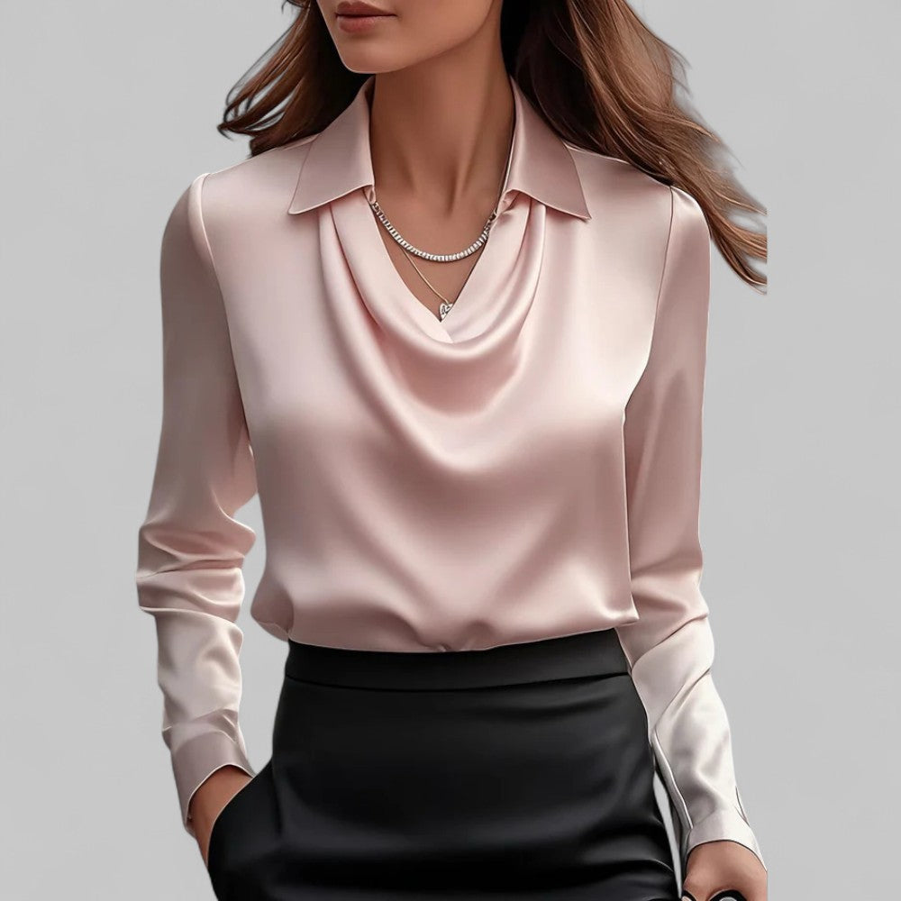 Elegant Satin Blouse with Draped Neckline and Classic Collar