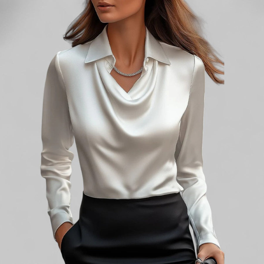Elegant Satin Blouse with Draped Neckline and Classic Collar