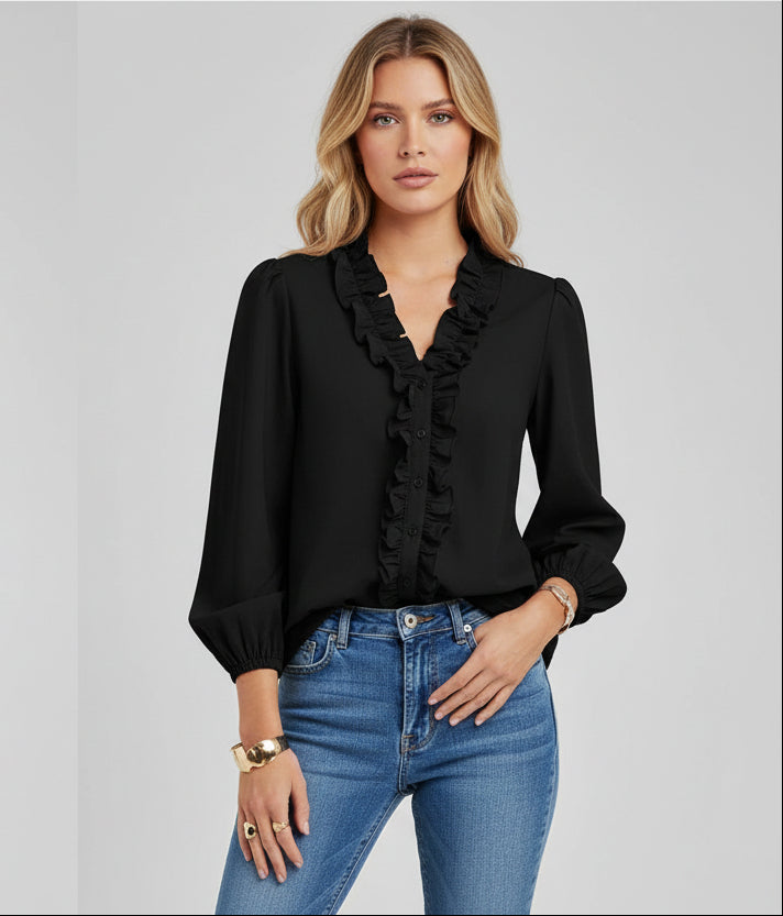 Elegant Satin Blouse with Ruffle Trim and Puff Sleeves