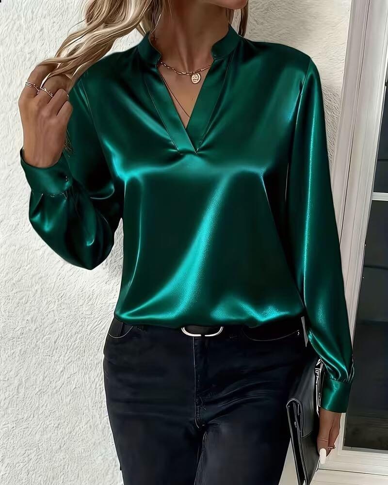 Elegant Satin Blouse with V-Neckline and Long Sleeves