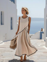 Elegant Sleeveless Maxi Dress with Black Contrast Trim