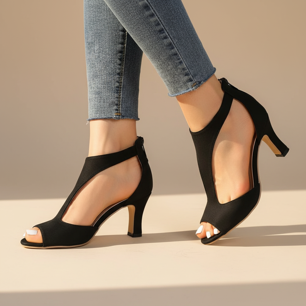 Elegant Suede Peep Toe Cut Out Heel with Back Zip