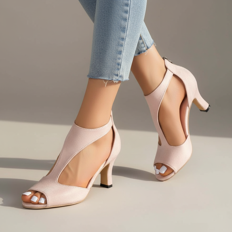 Elegant Suede Peep Toe Cut Out Heel with Back Zip