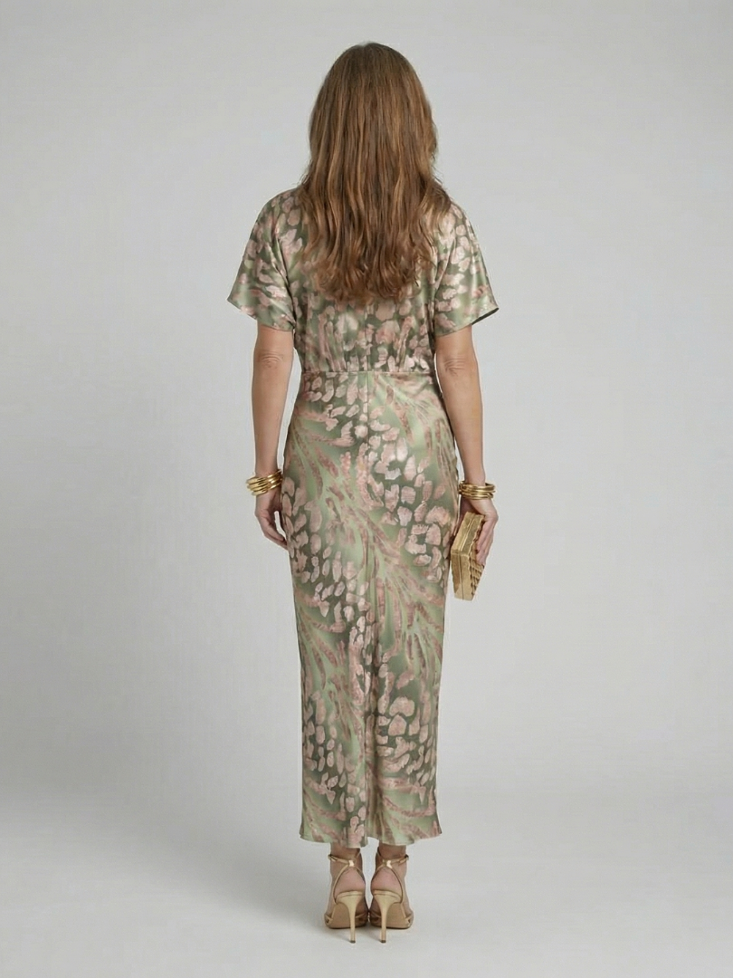 Elegant Twist Front Midi Dress with Kimono Sleeves and Metallic Print