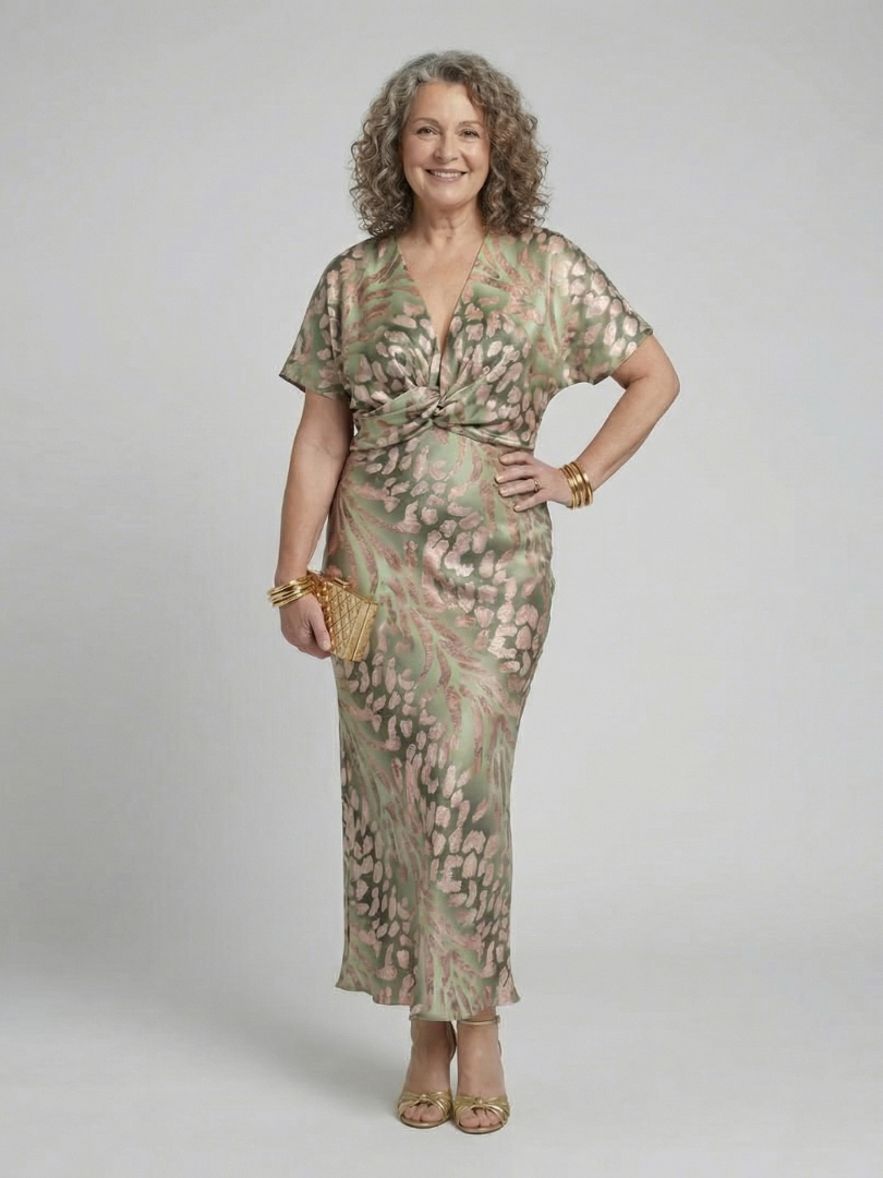 Elegant Twist Front Midi Dress with Kimono Sleeves and Metallic Print