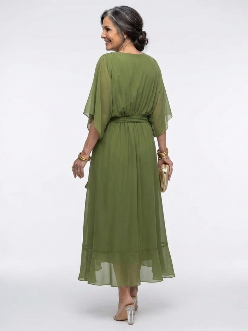 Elegant Wrap Front Midi Dress with Kimono Sleeves and Tie Waist