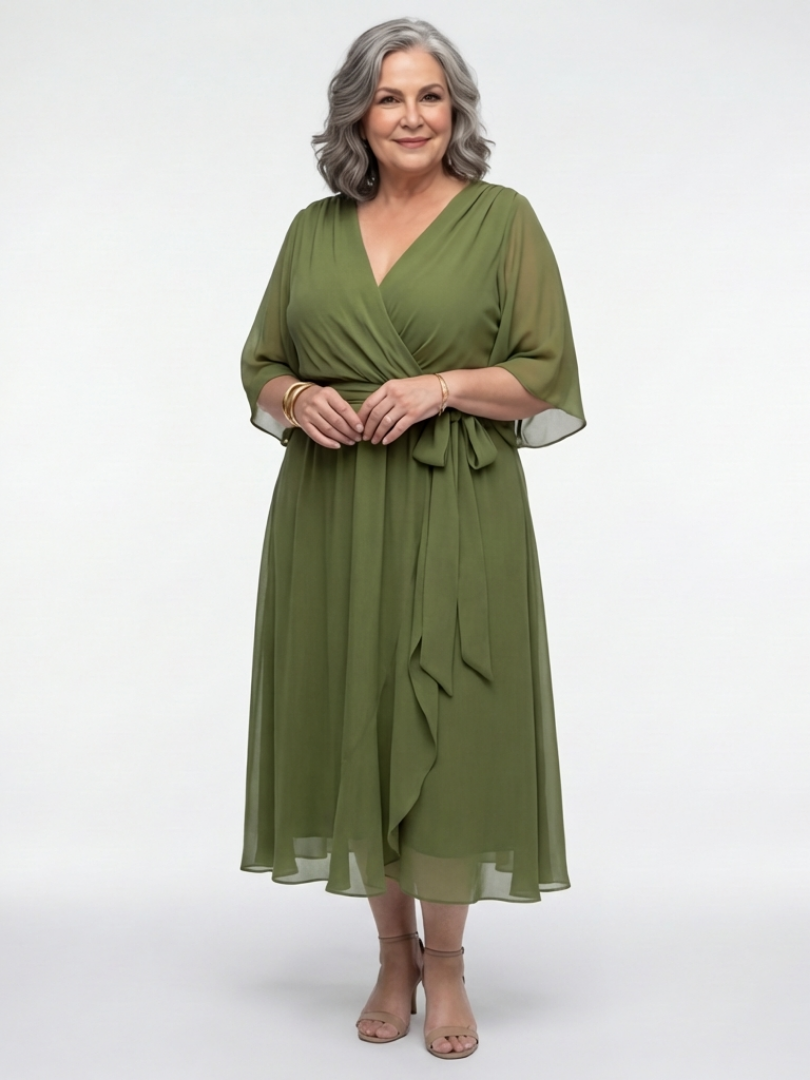 Elegant Wrap Front Midi Dress with Kimono Sleeves and Tie Waist
