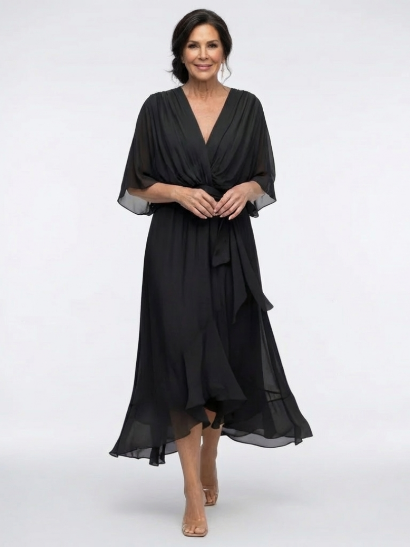 Elegant Wrap Front Midi Dress with Kimono Sleeves and Tie Waist