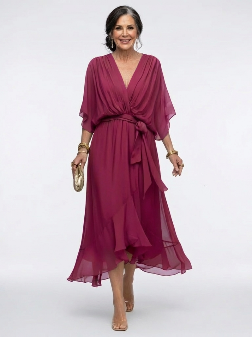 Elegant Wrap Front Midi Dress with Kimono Sleeves and Tie Waist