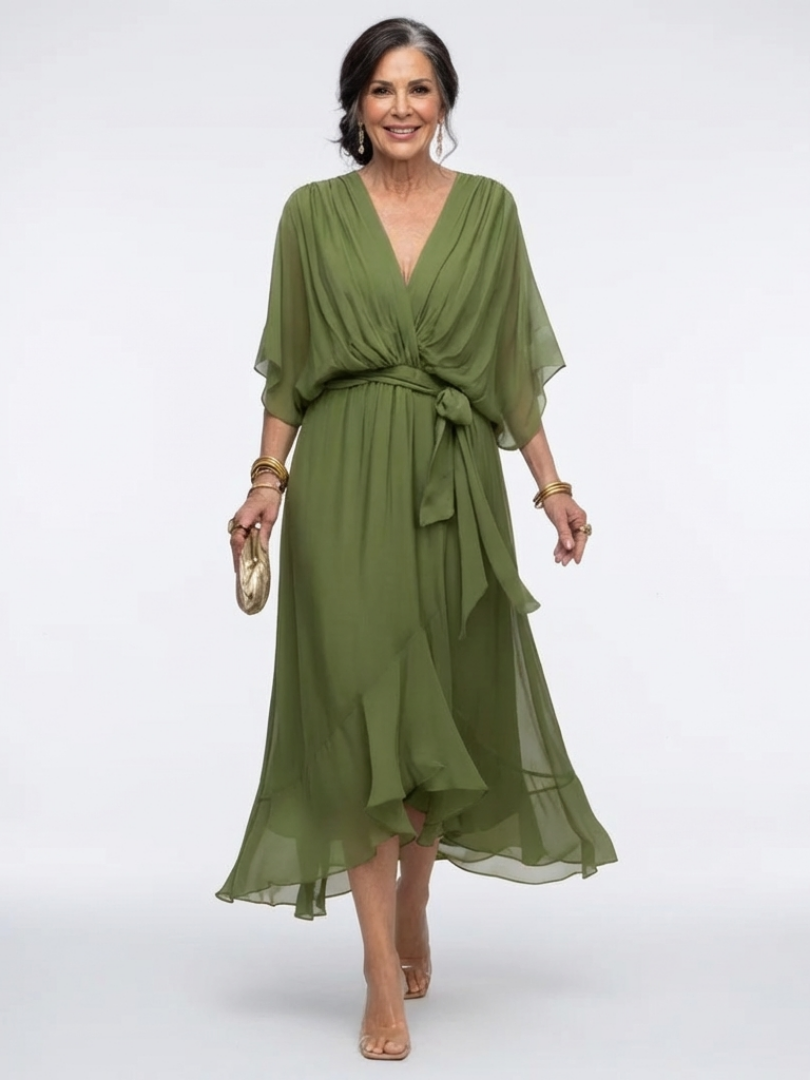 Elegant Wrap Front Midi Dress with Kimono Sleeves and Tie Waist