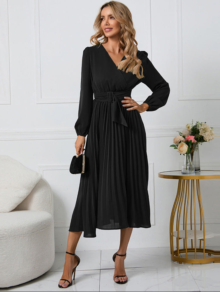 Elegant Wrap Front Pleated Midi Dress with Belt and Long Sleeves