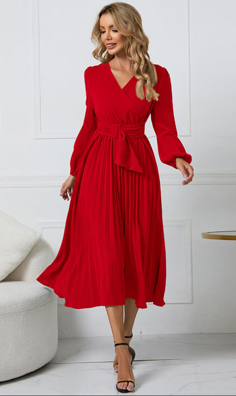 Elegant Wrap Front Pleated Midi Dress with Belt and Long Sleeves
