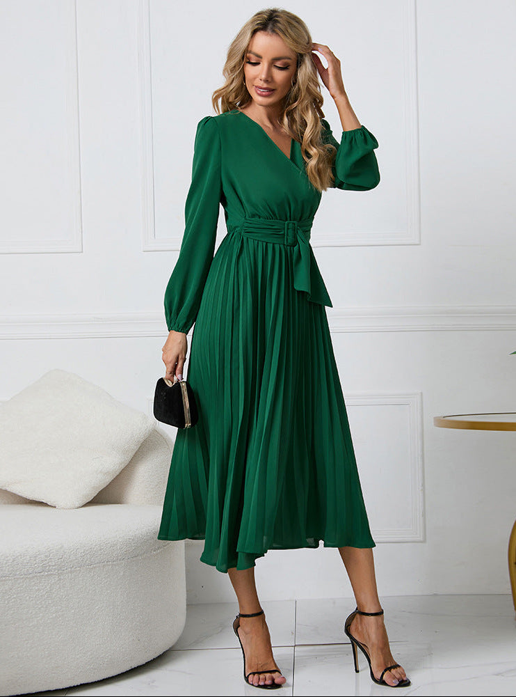 Elegant Wrap Front Pleated Midi Dress with Belt and Long Sleeves