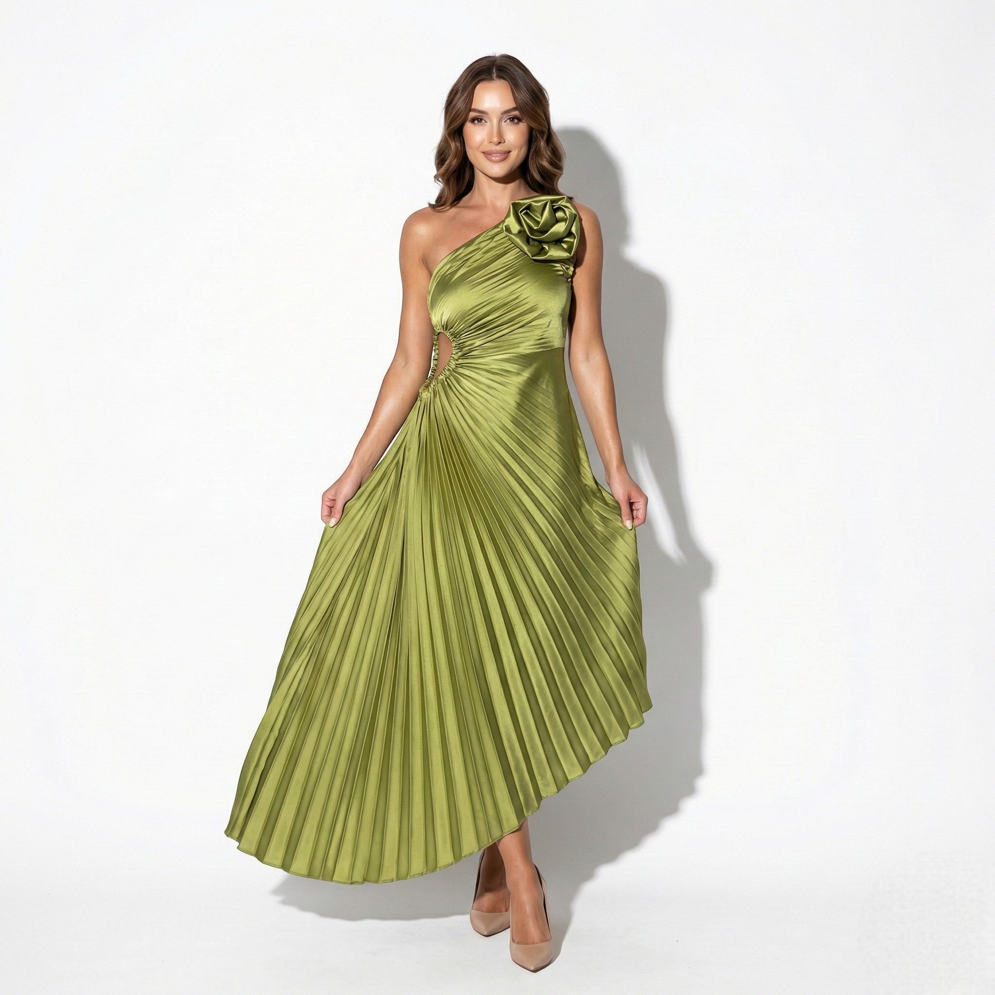 Elegant Satin Pleated Midi Dress with Flower Detail