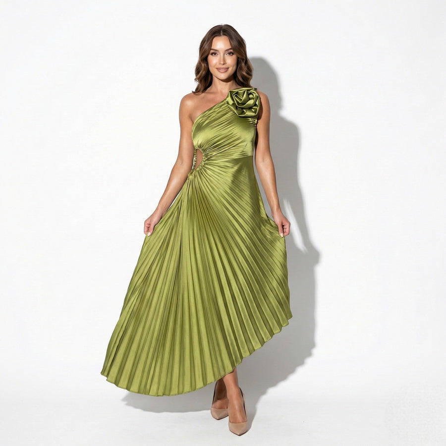 Elegant Satin Pleated Midi Dress with Flower Detail