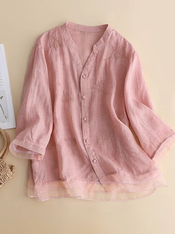 Embroidered Linen Blouse with V-Neckline and Layered Hem