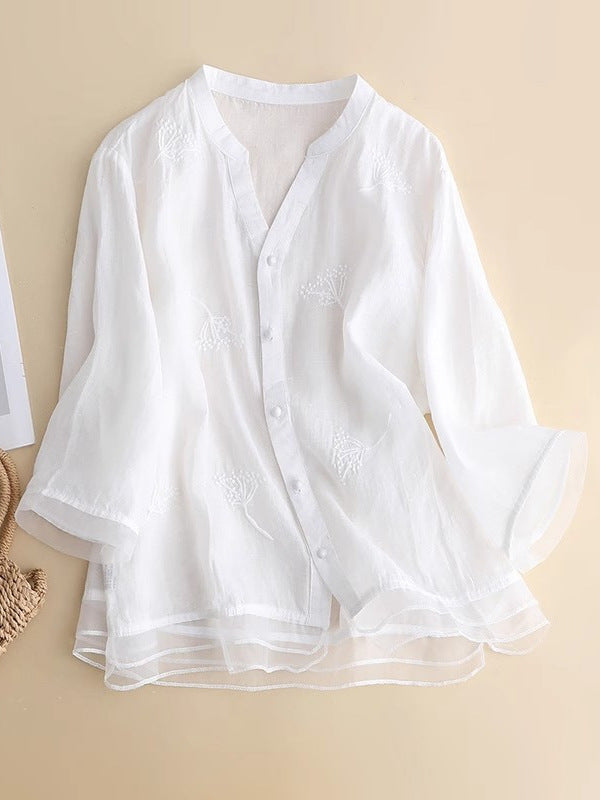 Embroidered Linen Blouse with V-Neckline and Layered Hem