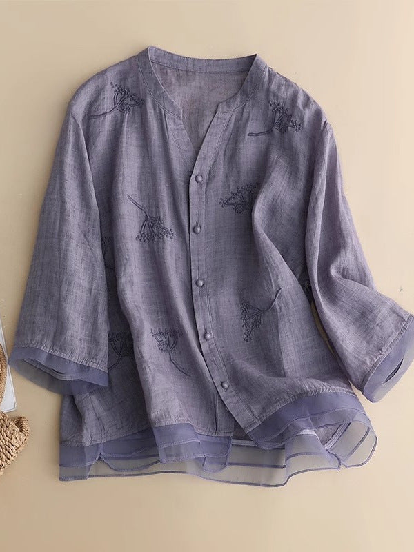 Embroidered Linen Blouse with V-Neckline and Layered Hem
