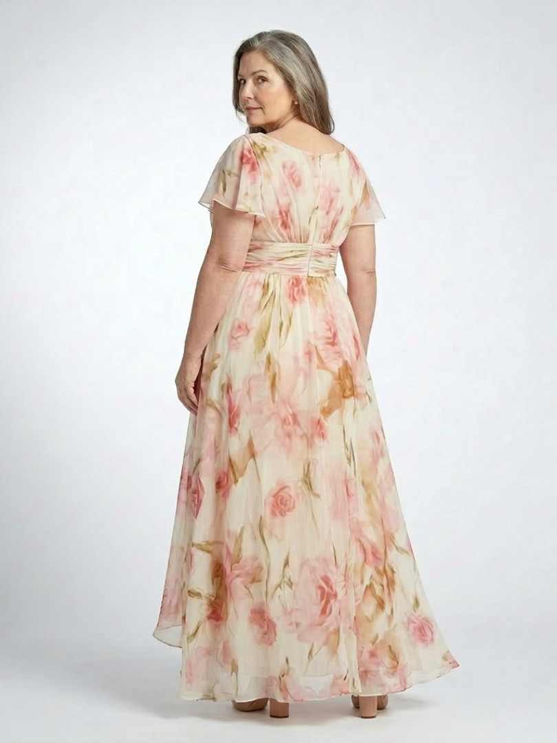 Floral Chiffon Maxi Dress with Flutter Sleeves and Ruched Waist