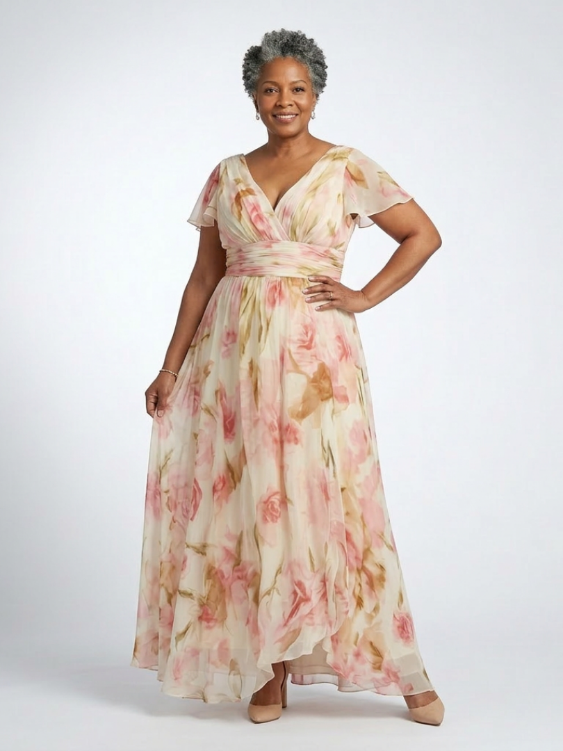 Floral Chiffon Maxi Dress with Flutter Sleeves and Ruched Waist