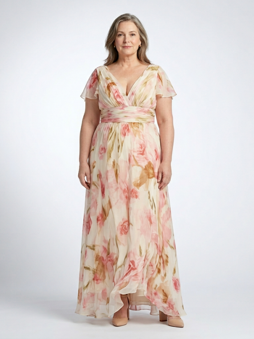 Floral Chiffon Maxi Dress with Flutter Sleeves and Ruched Waist