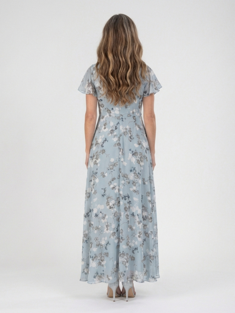 Floral Chiffon Maxi Dress with Flutter Sleeves and Ruffle Neckline