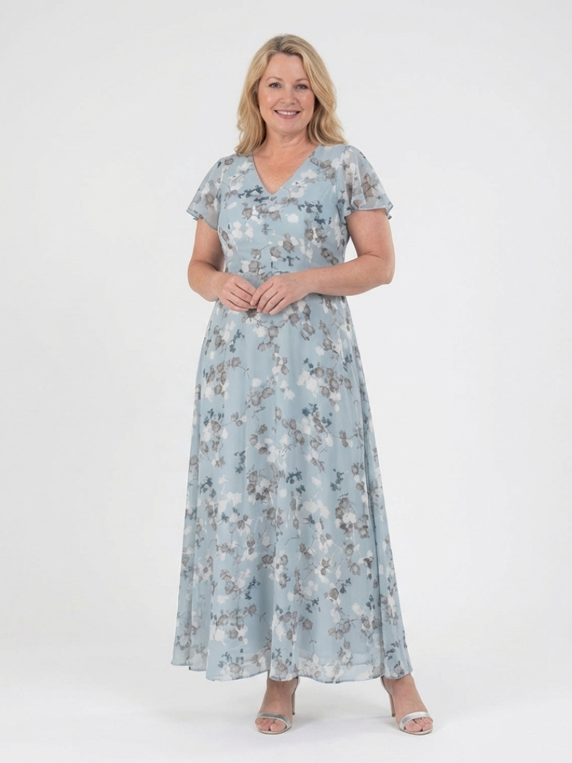 Floral Chiffon Maxi Dress with Flutter Sleeves and Ruffle Neckline