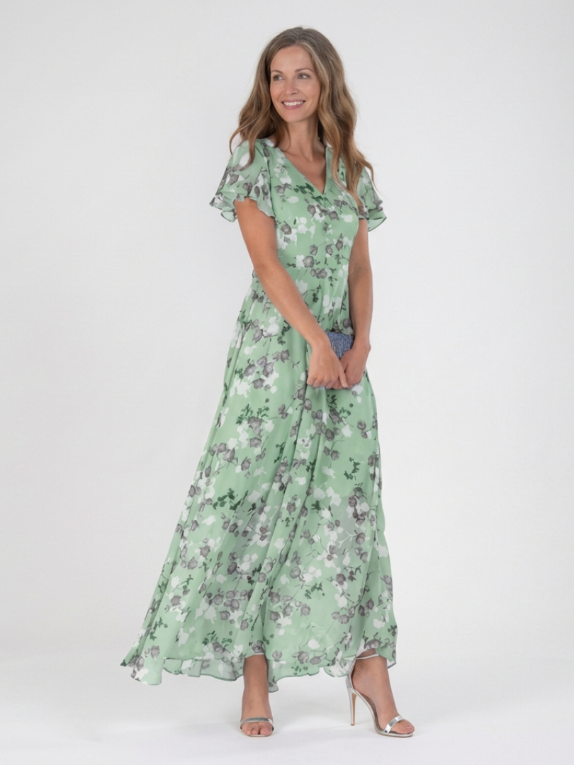 Floral Chiffon Maxi Dress with Flutter Sleeves and Ruffle Neckline