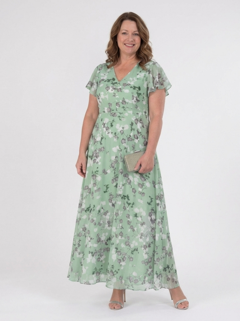 Floral Chiffon Maxi Dress with Flutter Sleeves and Ruffle Neckline
