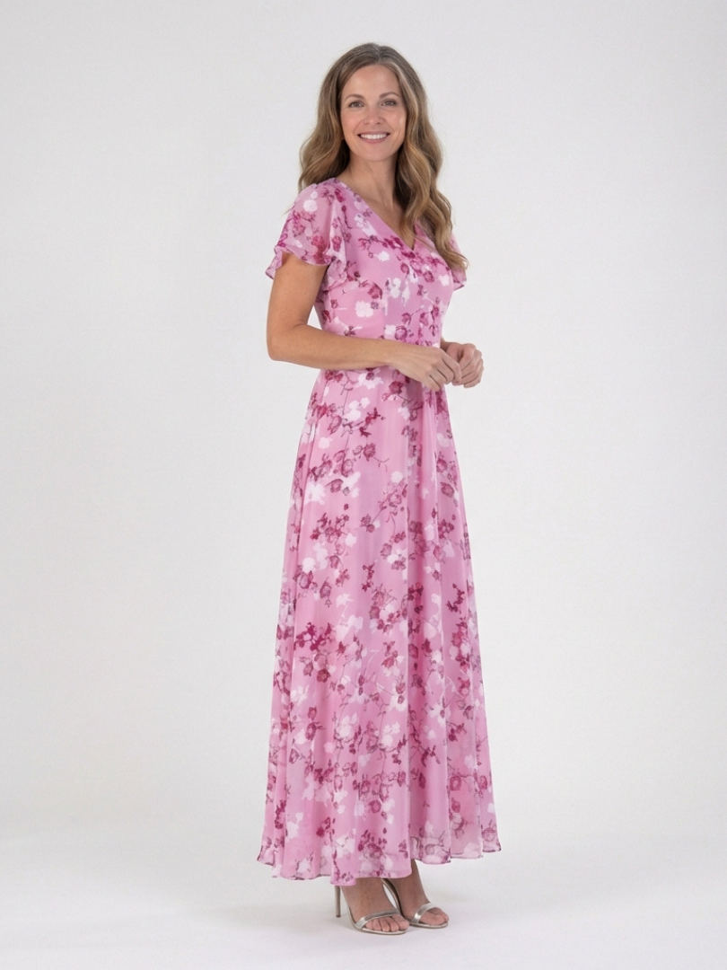 Floral Chiffon Maxi Dress with Flutter Sleeves and Ruffle Neckline