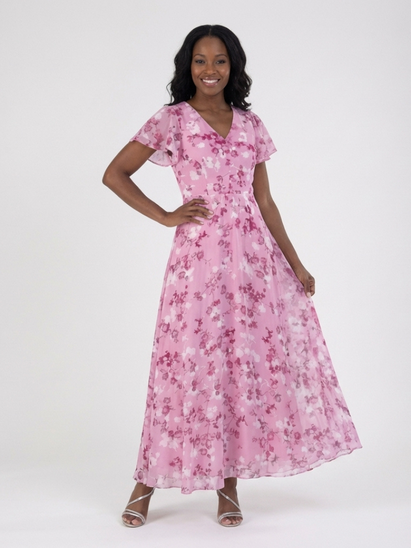 Floral Chiffon Maxi Dress with Flutter Sleeves and Ruffle Neckline