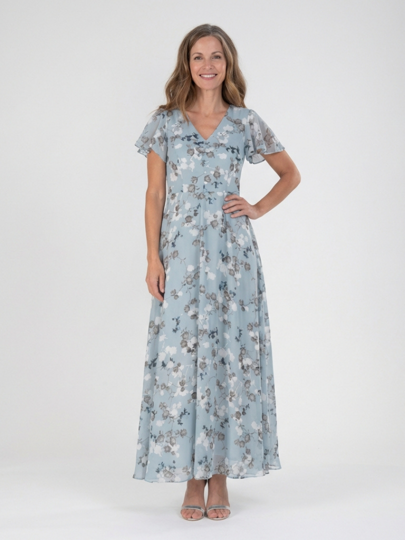 Floral Chiffon Maxi Dress with Flutter Sleeves and Ruffle Neckline