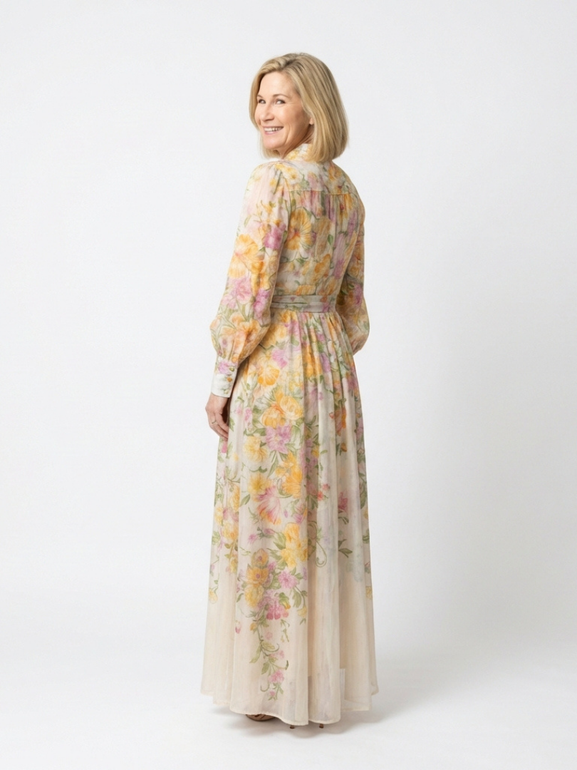 Floral Chiffon Maxi Dress with Long Sleeves and Tie Waist