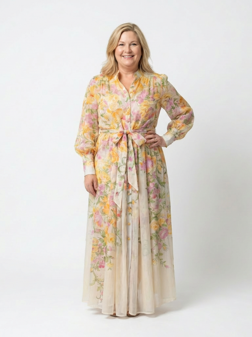 Floral Chiffon Maxi Dress with Long Sleeves and Tie Waist