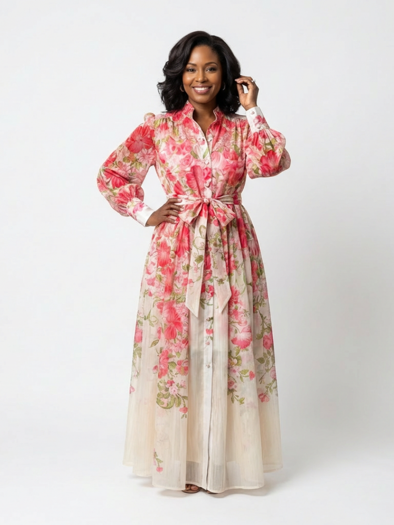 Floral Chiffon Maxi Dress with Long Sleeves and Tie Waist