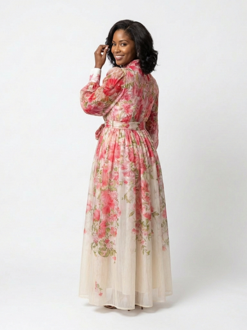 Floral Chiffon Maxi Dress with Long Sleeves and Tie Waist