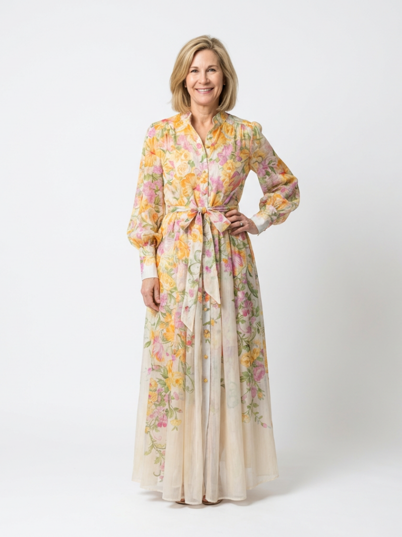 Floral Chiffon Maxi Dress with Long Sleeves and Tie Waist