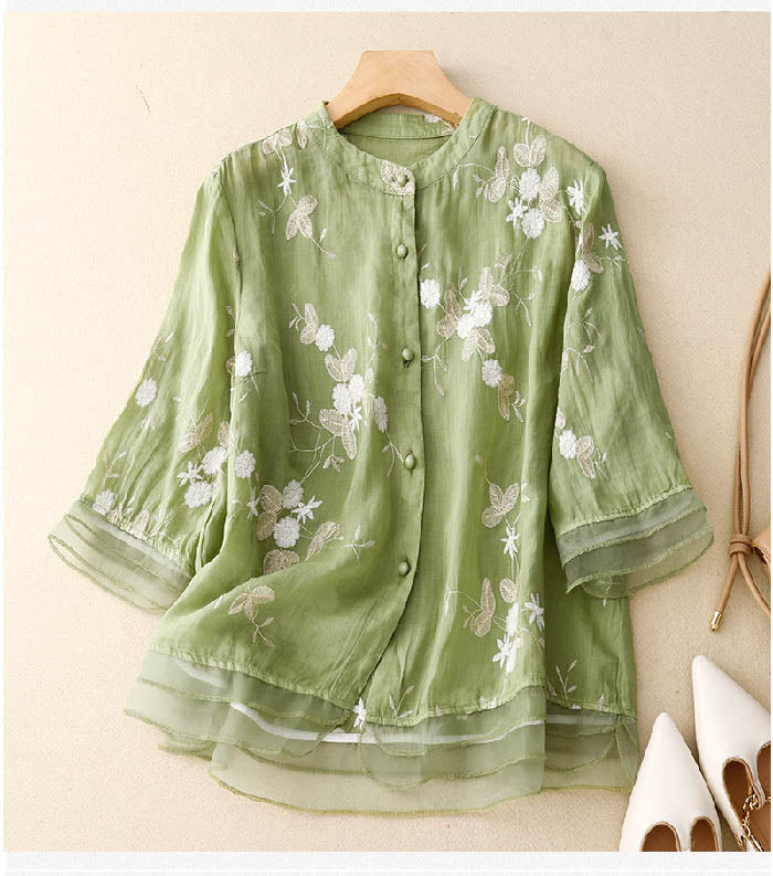 Floral Embroidered Blouse with Layered Hem and Three Quarter Sleeves