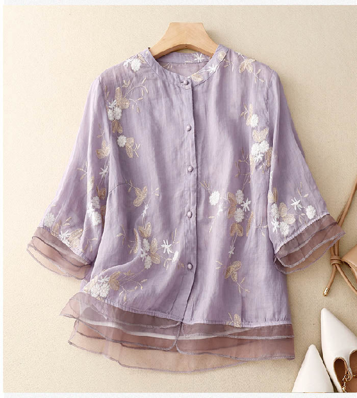 Floral Embroidered Blouse with Layered Hem and Three Quarter Sleeves
