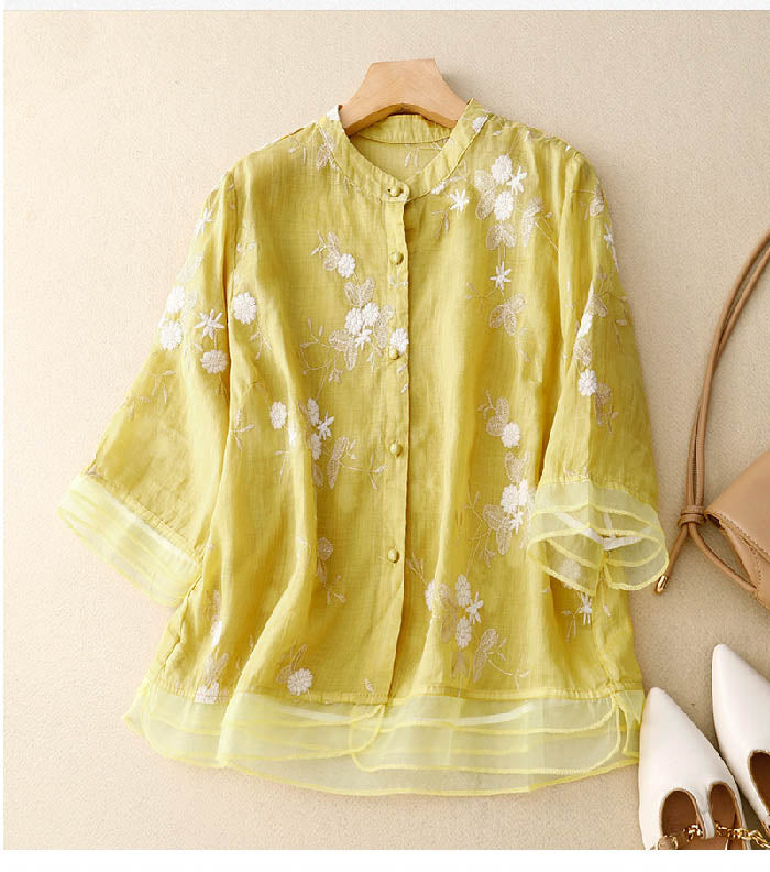 Floral Embroidered Blouse with Layered Hem and Three Quarter Sleeves