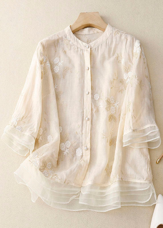 Floral Embroidered Blouse with Layered Hem and Three Quarter Sleeves