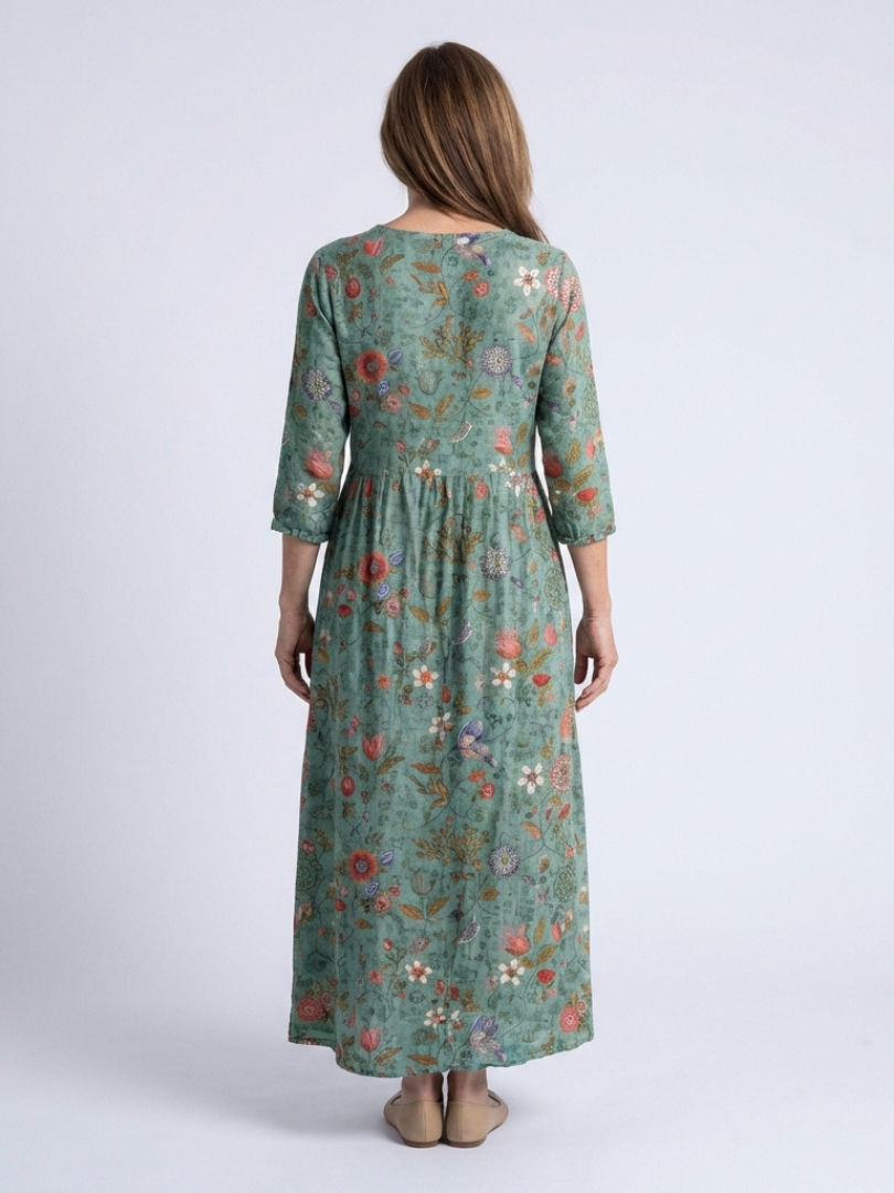 Floral Embroidered Linen Maxi Dress with Three Quarter Sleeves and V-Neckline