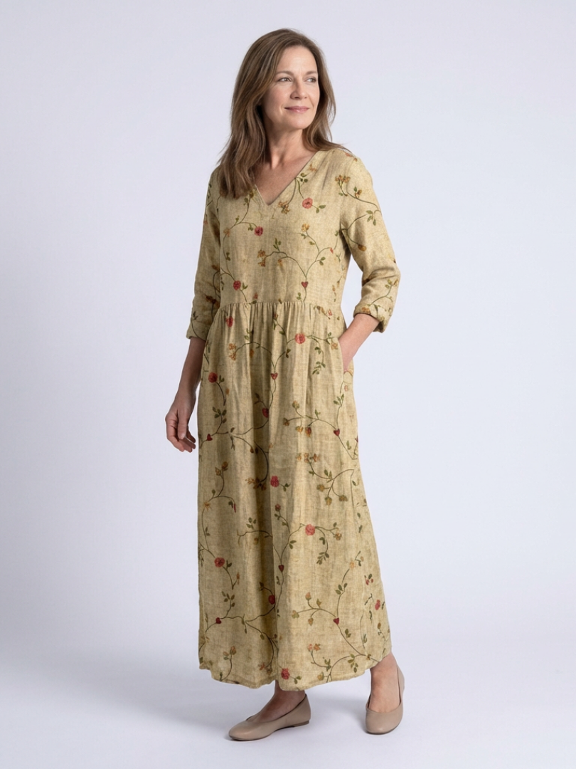Floral Embroidered Linen Maxi Dress with Three Quarter Sleeves and V-Neckline