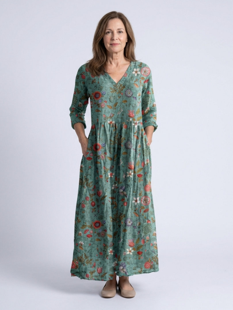 Floral Embroidered Linen Maxi Dress with Three Quarter Sleeves and V-Neckline