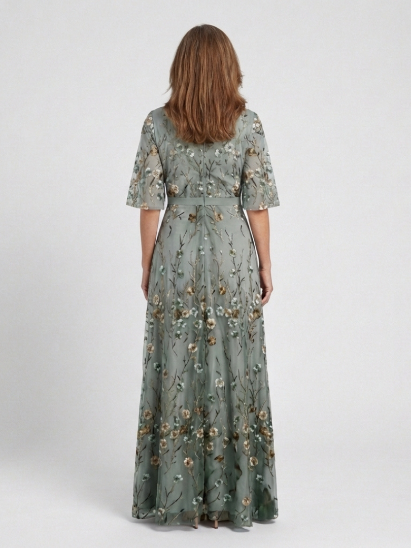 Floral Embroidered Maxi Dress with Flutter Sleeves and Wrap Bodice