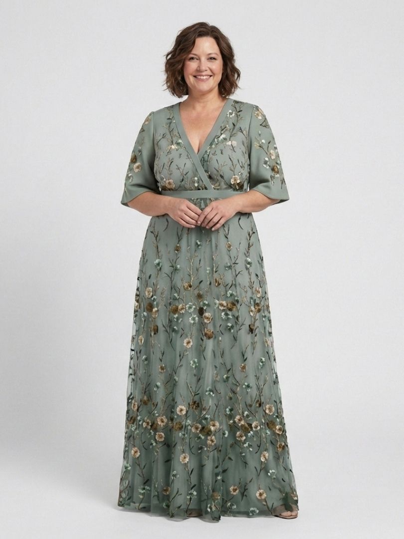 Floral Embroidered Maxi Dress with Flutter Sleeves and Wrap Bodice