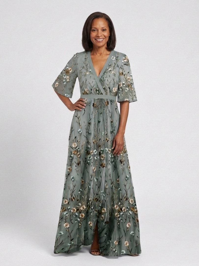 Floral Embroidered Maxi Dress with Flutter Sleeves and Wrap Bodice