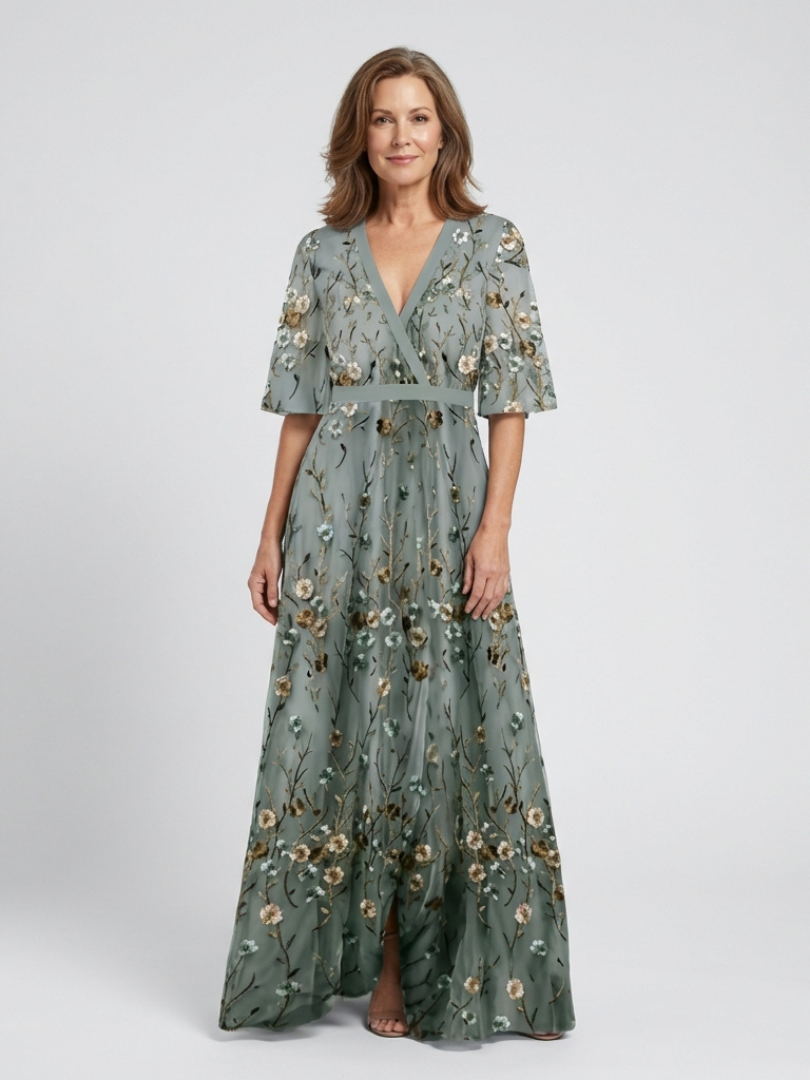 Floral Embroidered Maxi Dress with Flutter Sleeves and Wrap Bodice