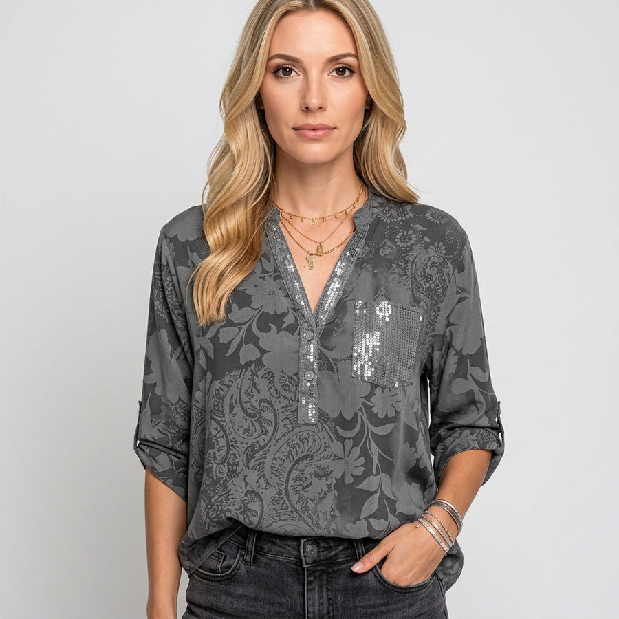 Floral Jacquard Blouse with Sequin Pocket and Roll-Up Sleeves