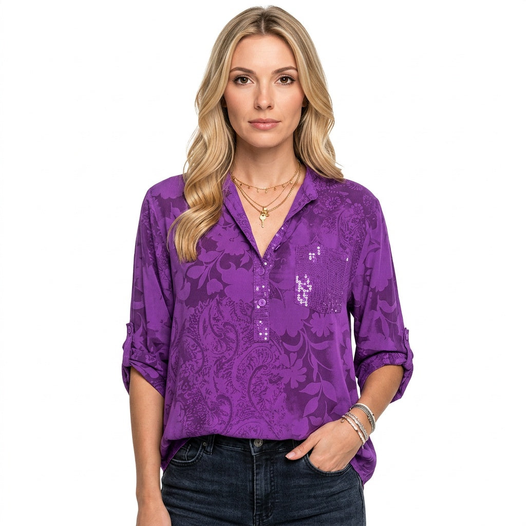 Floral Jacquard Blouse with Sequin Pocket and Roll-Up Sleeves